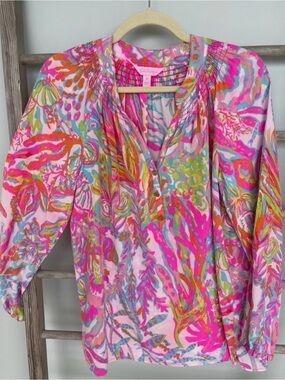 Lilly Pulitzer Pink Multicolor Floral V-Neck Peasant Blouse